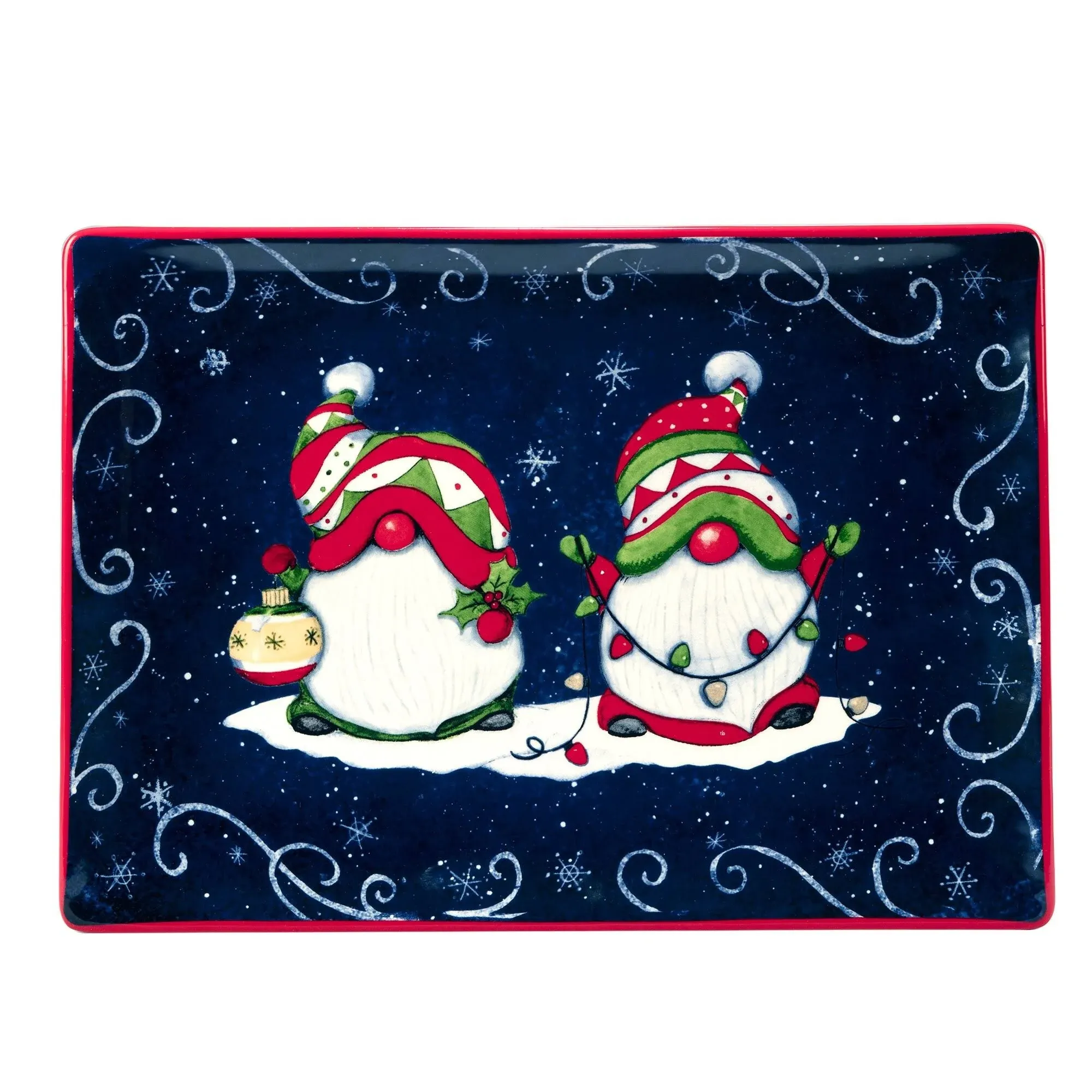 Holiday Magic Gnomes Rectangular Platter, 14" X 10" In Blue