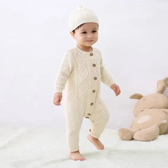 Junneng Baby Newborn Cotton Knitted Sweater Romper Longsleeve Outfit with Warm H