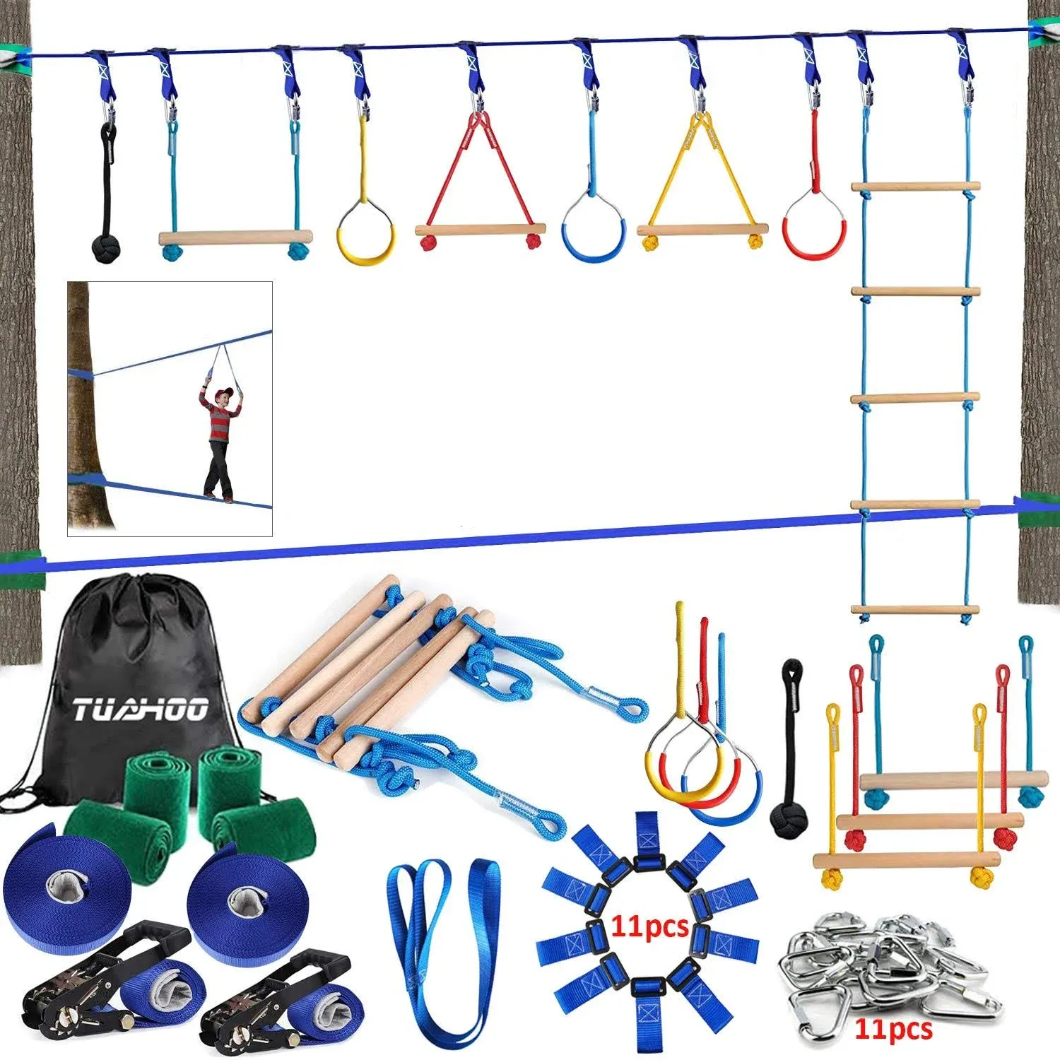 TUAHOO 2 x 50Ft Double Slackline Ninja Warrior Obstacle Course for Kids Adults Family Outdoor Gym Play Sets - Ninja Training with Gym Rings ,Wooden Bars,Climbing Rope Ladder ( Plus 1.2M Arm Trainer )