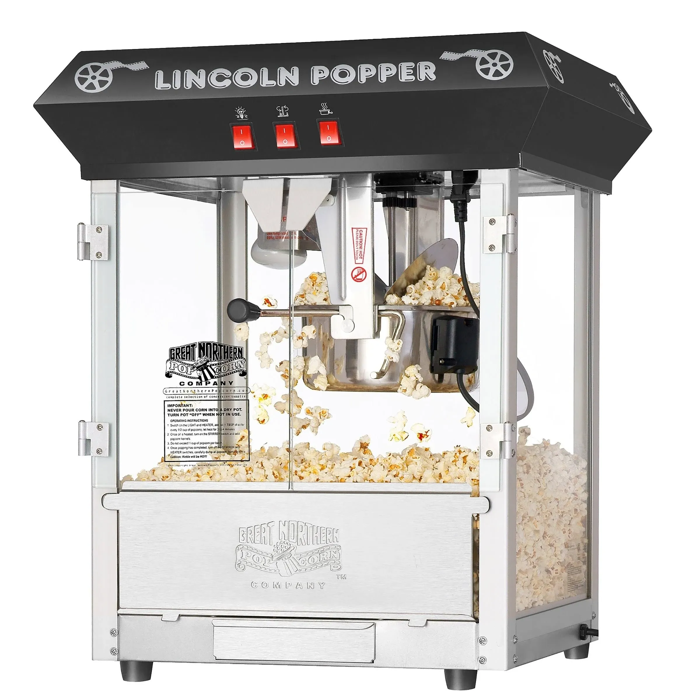 Lincoln Popcorn Machine - 8oz Popper with Stainless-Steel Kettle, Reject Kernel Tray, Warming Light and Accessories by Great Northern Popcorn (Black)