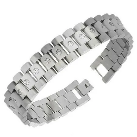 Stainless Steel Silver-Tone Link Chain White Round CZ Mens Bracelet with Clasp