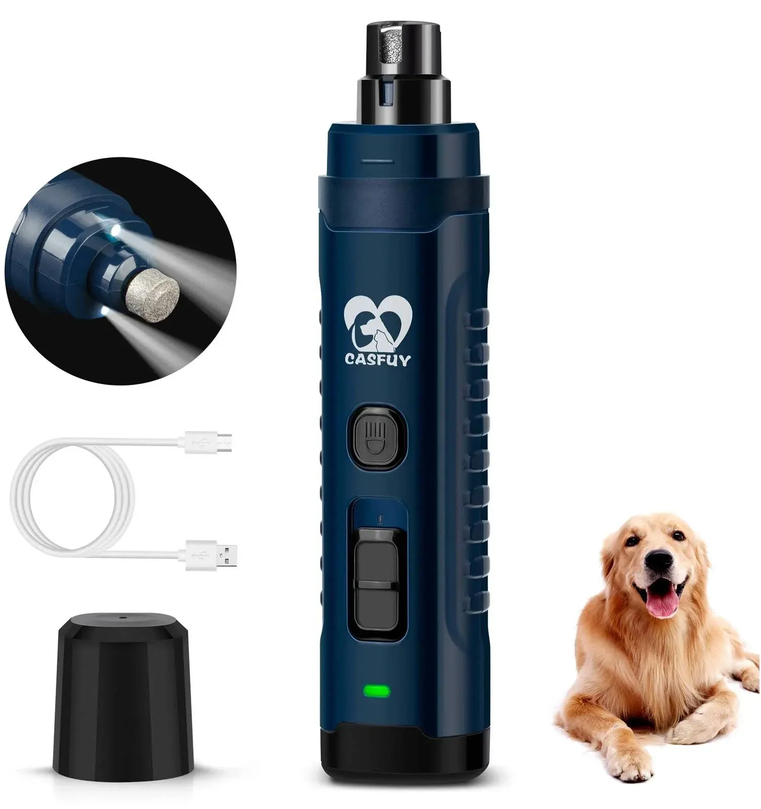 Casfuy Dog Nail Grinder with 2 LED Light for Large Medium Dogs - 3X More Powerful 2-Speed Electric Pet Nail Trimmer Rechargeable Quiet Painless Paws