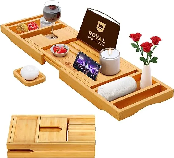 Royal Craft Wood Luxury Bamboo Bathtub Caddy Tray Free Soap Holder Brown