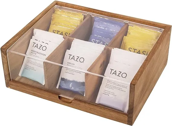 Tea Bag Organizer 6 Compartments by HTB|  Gift Box Acacia Wood Tea Organizer for Tea Bags with Acrylic Transparent Hinged Lid