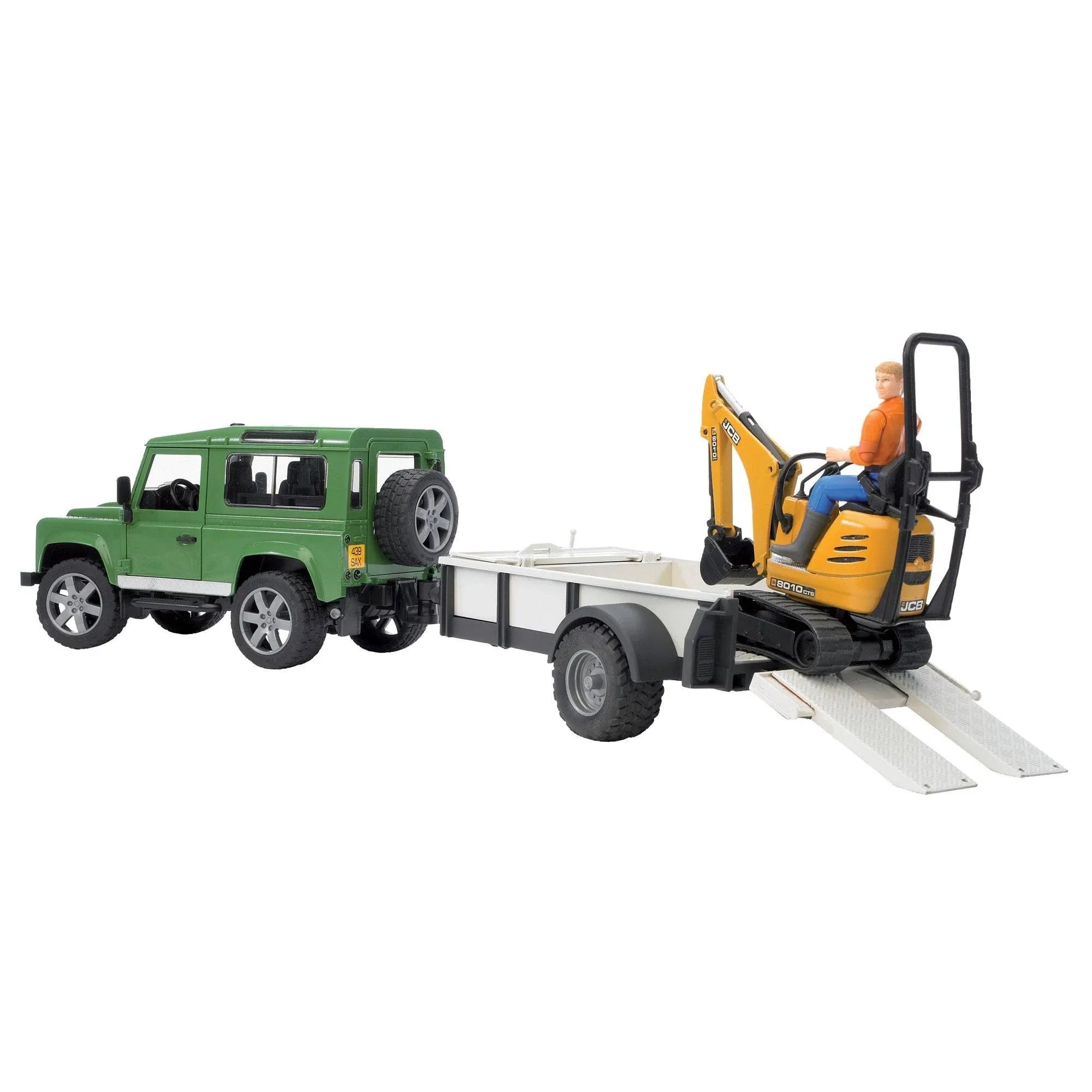 Bruder Land Rover Defender Rigid Drawbar Trailer JCB Micro Excavator and Construction Worker