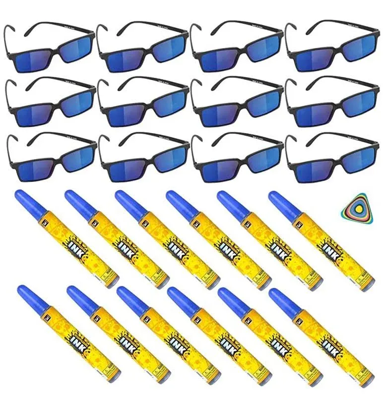 P T S 24 PC Spy Secret Agent Party Supplies Party Favor - 12 Spy Glasses, 12 (4.5-inch) Disappearing Ink Pen Tubes, and 1 Triangle