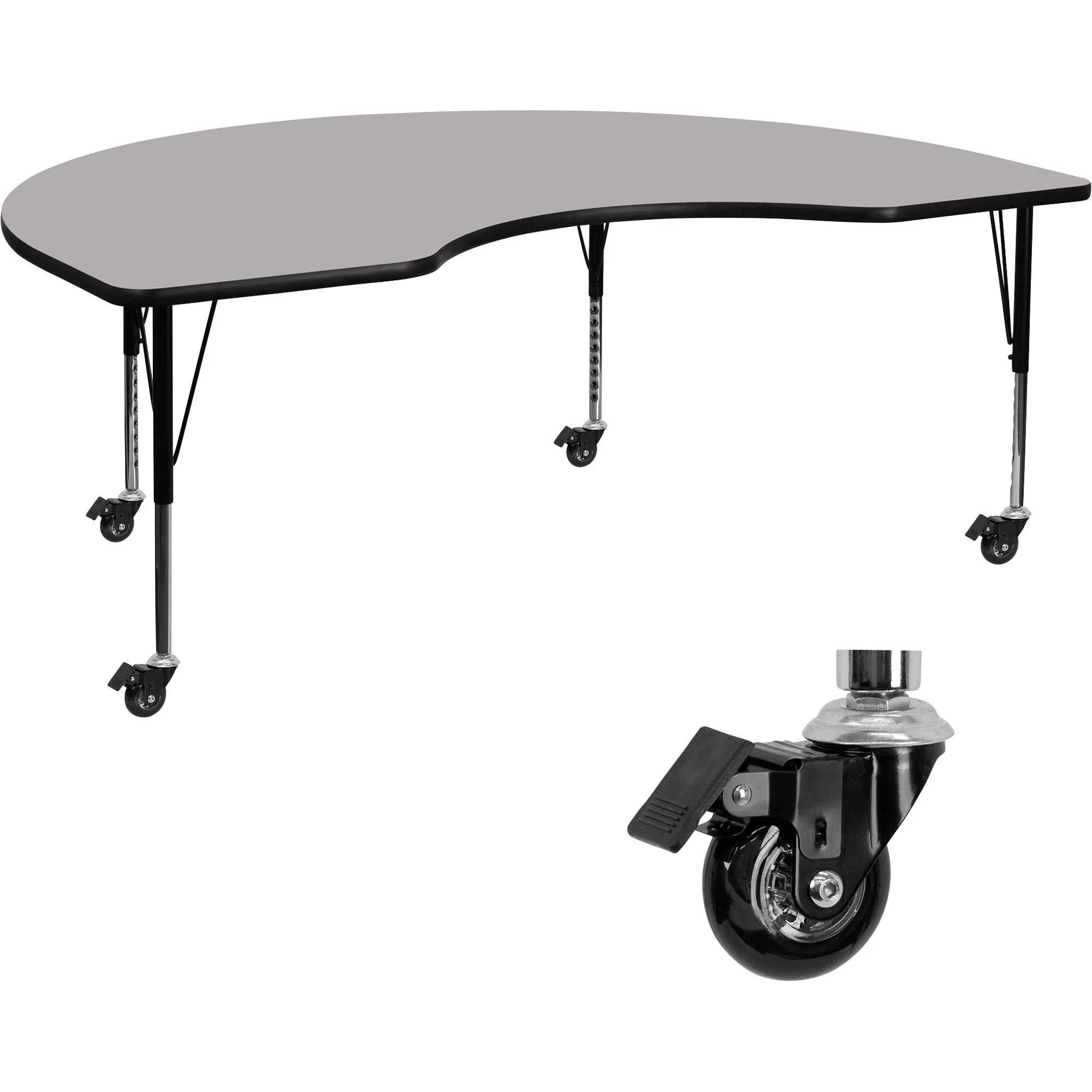 48''W x 96''L Kidney Shaped Activity Table w/ Grey Thermal Fused Laminate Top & Height Adjustable Preschool Legs - Flash Furniture XU-A4896-KIDNY-GY-T-P-GG