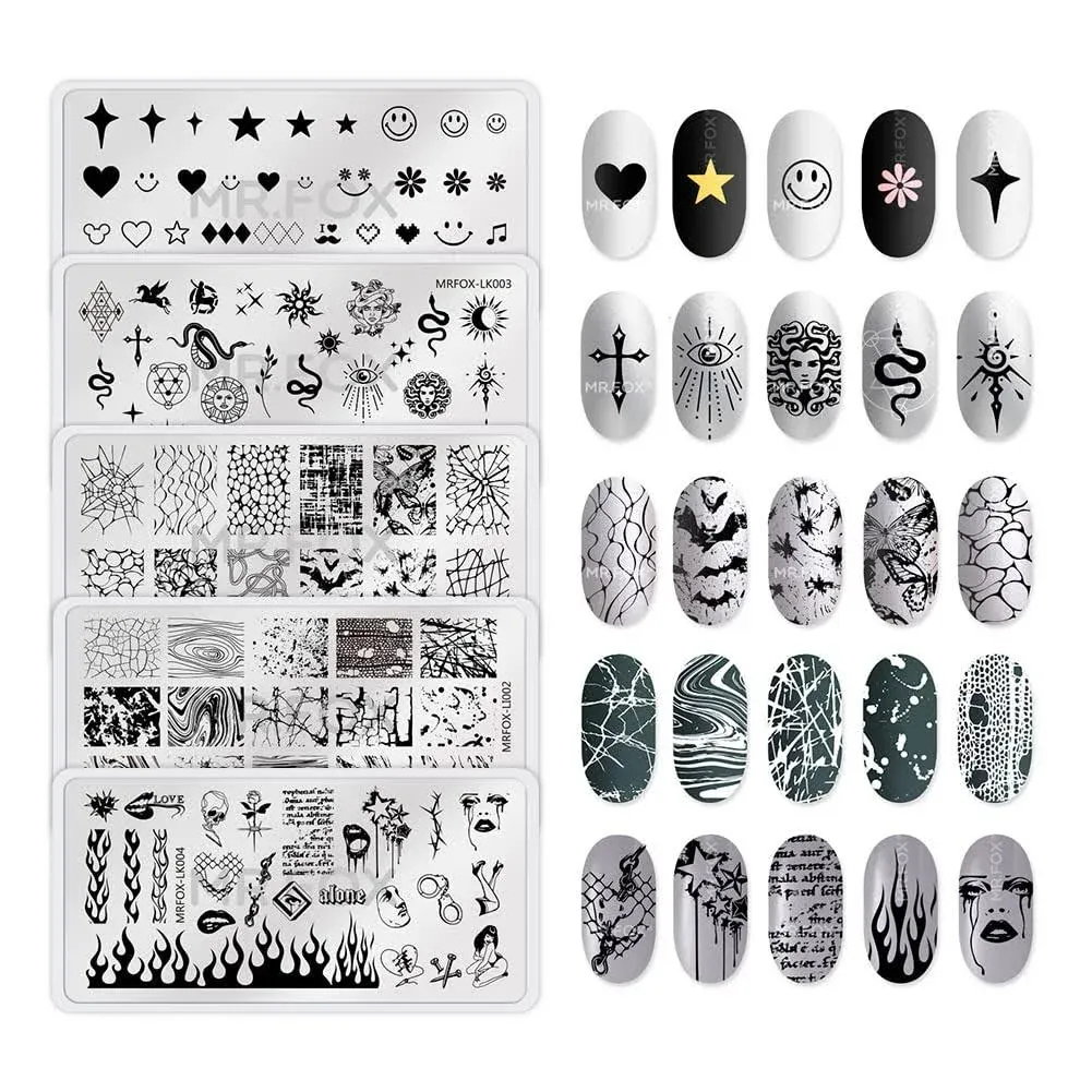 Mrfox 5 Pcs Nail Plates Stamping Set Marbled Punk Spider Web Heart Star Theme ...