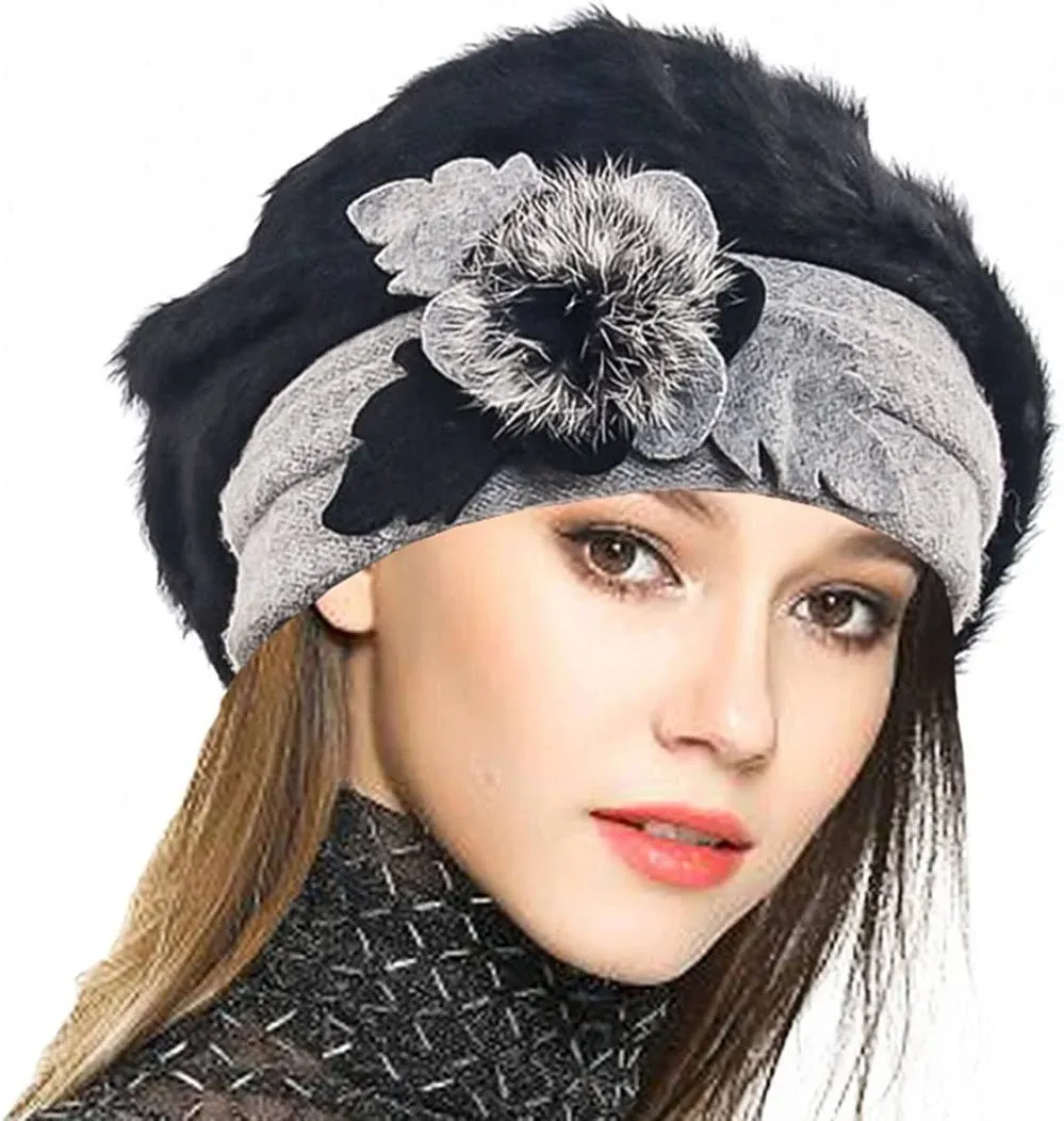 100% Wool Beret Floral Dress Beanie Winter Hat