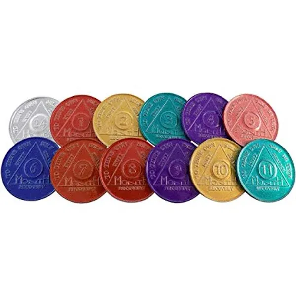 Set of 12 Aluminum AA Medallions Chips 24 Hours Months 1-11 Alcoholics Anonymous