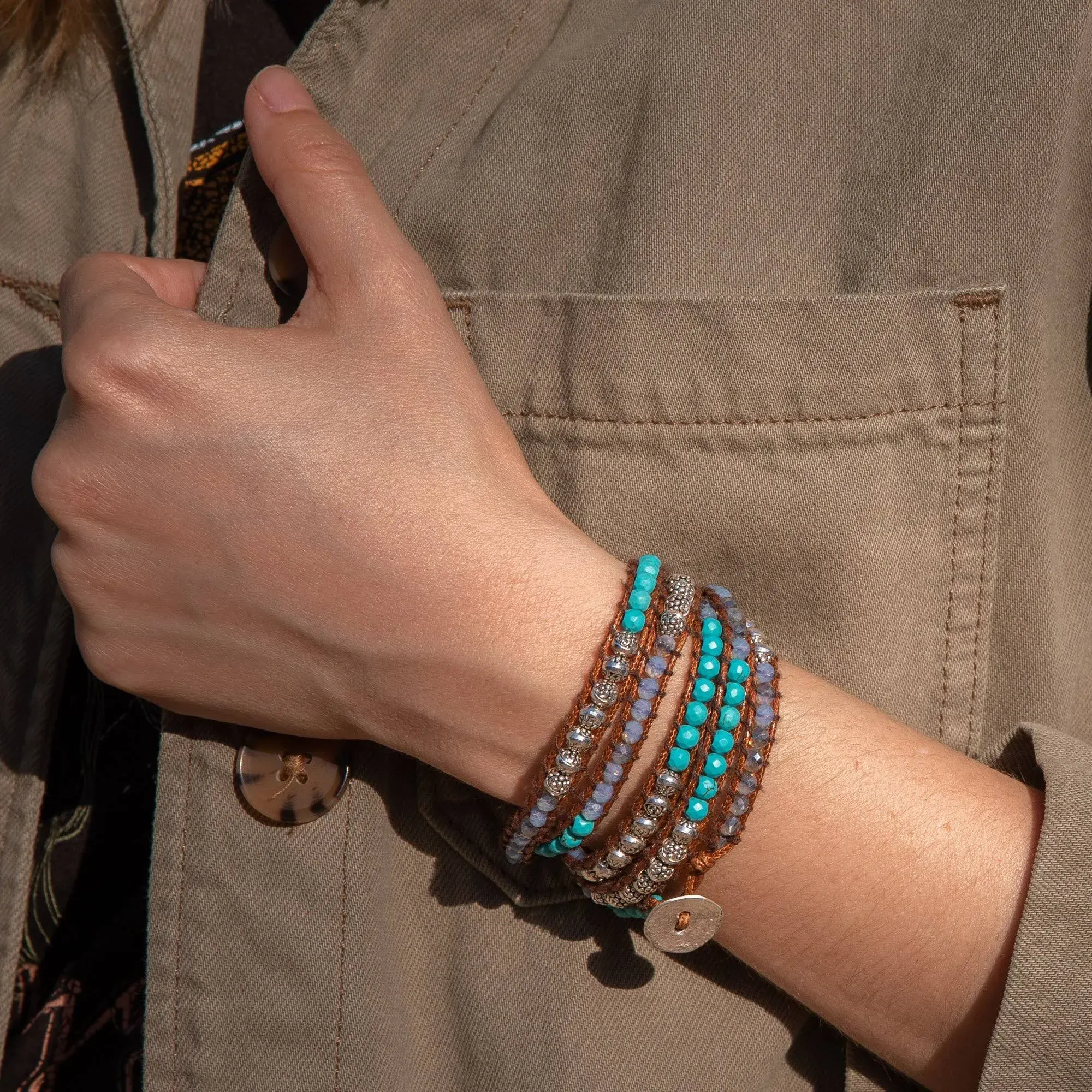 Turquoise Bead, Sky Crystals, Silver Zinc + Brown - Spirit Wrist Kai Boho Wrap Bracelet