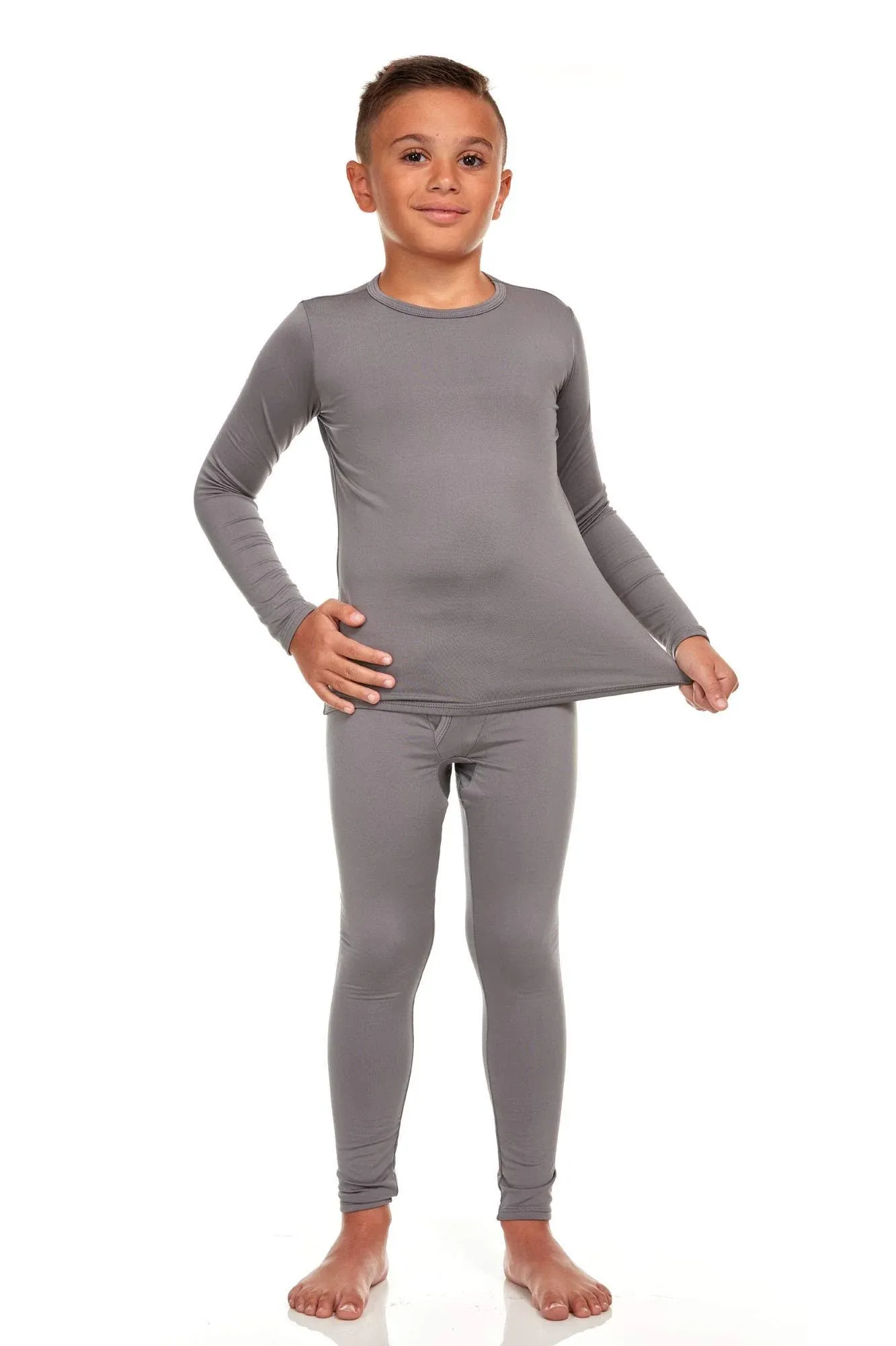 Bodtek Boys Crewneck Long Johns Base Layer Set (Grey Medium)