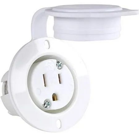 15 Amp - 125 Volt Flanged Power Outlet Receptacle Plug (NEMA 5-15R) 5-15FO Black/White (HJP-5279) White / with Front Cover / 1