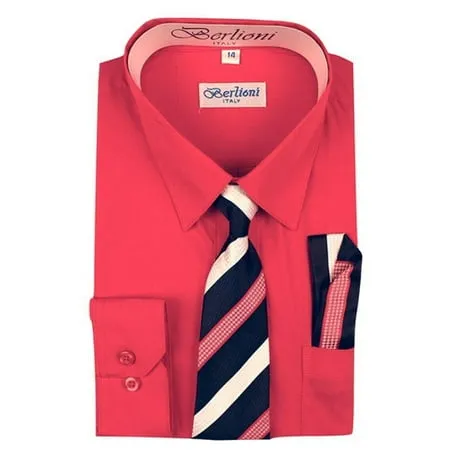 Berlioni Italy Toddlers Kids Boys Long Sleeve Dress Shirt Set With Tie & Hanky Fuchsia 20