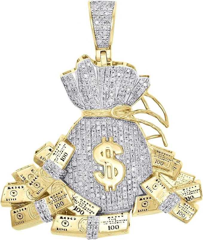 10K Yellow Gold Diamond Money Bag 100 Dollar Stacks Pendant 1.85" Charm 0.97 Ct.