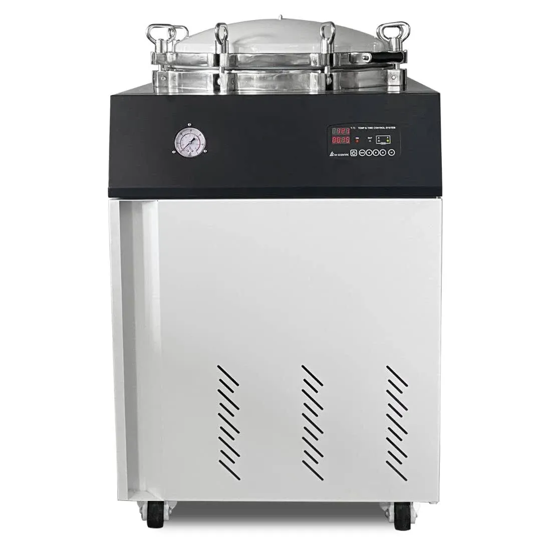 Smart 150L Vertical Autoclave. Glassware, Mushroom Grain and Culture Media Sterilization. Quicker Cycle. Advanced Pressure Gauge Display (PSI). 20psi at 121℃. 3 Year Warranty. 220V