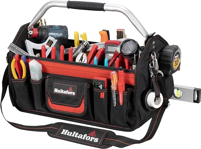 Hultafors Work Gear HT5597 Open-Top Tool Carrier, 35 Pockets, Heavy Duty Ballistic Polyester Tool Bag, Durable Base Pad Feet, Collapsible Bar Injected Mold Handle, Tape Strap, Measuring Tape Clip