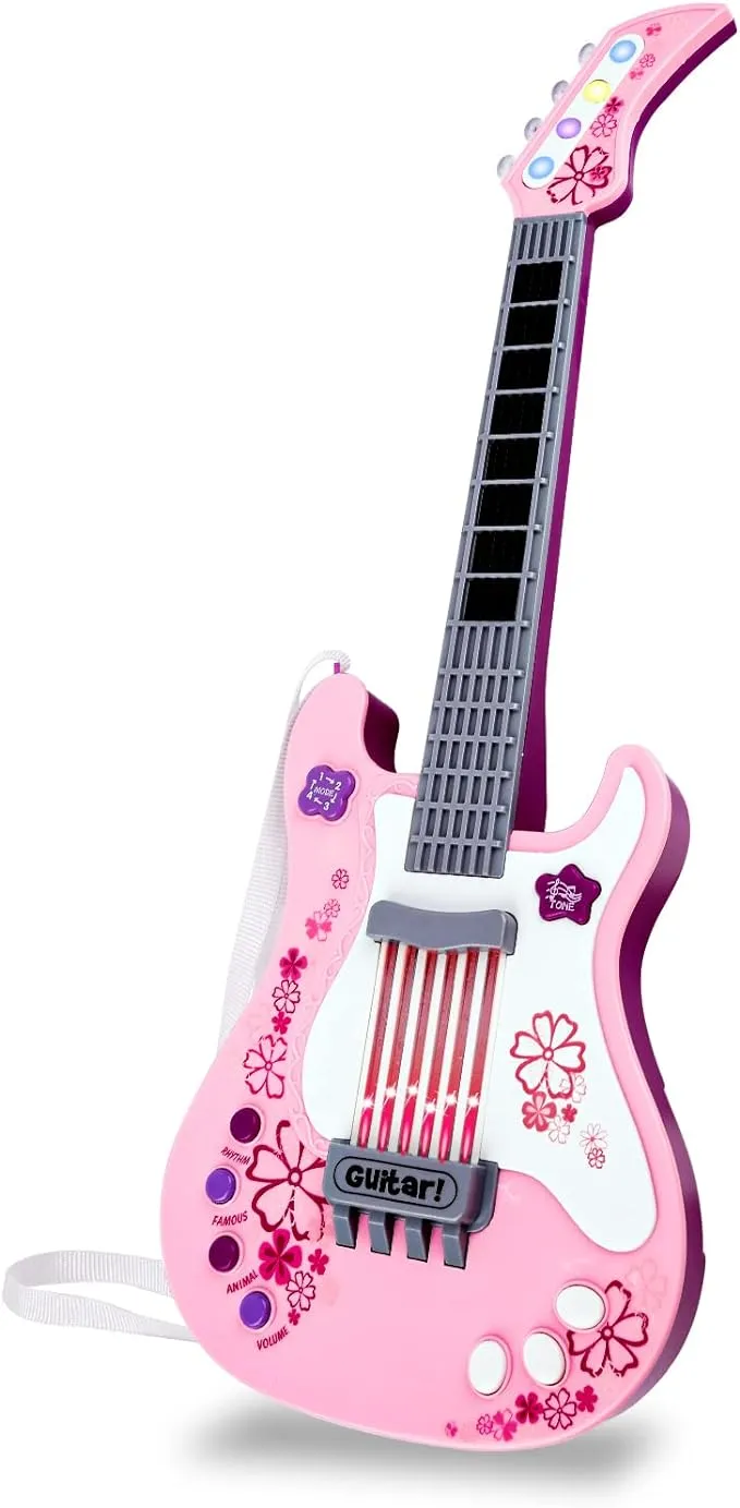 M SANMERSEN Kids Guitar for Girls Music Toys Guitar for Kids Toddler Electric Guitar with Strap Kids Pink Guitar Musical Instrument Toys for 3 4 5 Year Old Girls Gifts