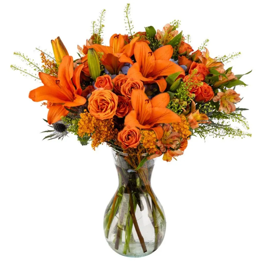 Pumpkin Spice | Fresh Fall Autumn Flowers Bouquet with Vase | Orange Fresh Flower Arrangement | Flowers for Delivery, Anniversary, Congratulations, Thanksgiving