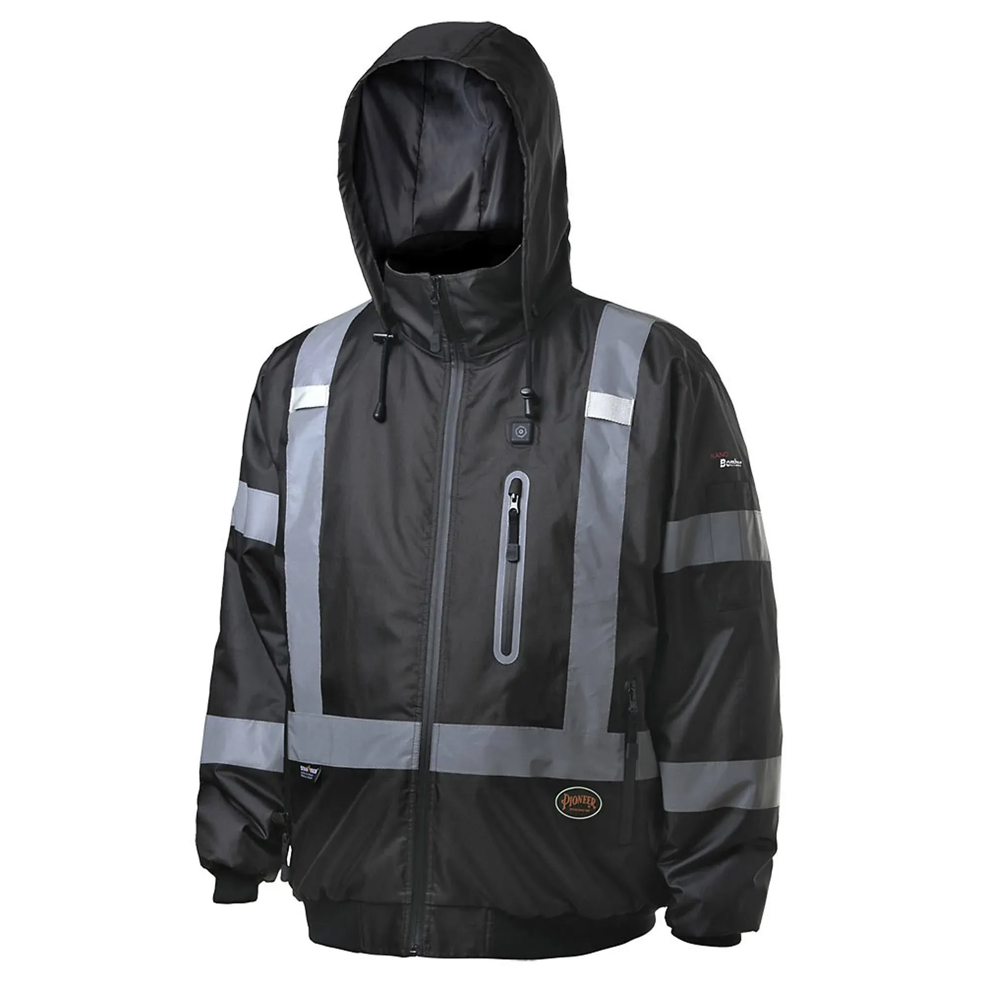 Pioneer Hi Vis Waterproof Heated Safety Bomber Jacket - Class 1 Winter Rain Gear for Men - Reflective Tape - Detachable Hood