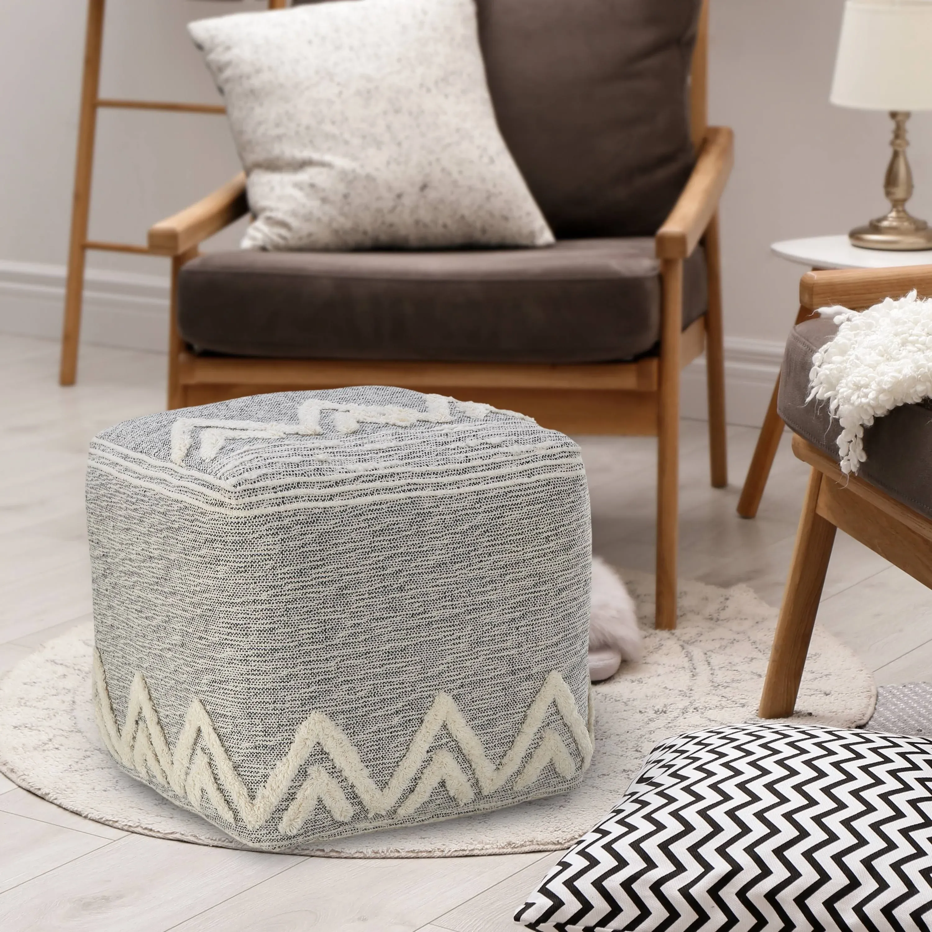 LR Home | Modern Tufted Geometric Peaks Pouf Gray & White