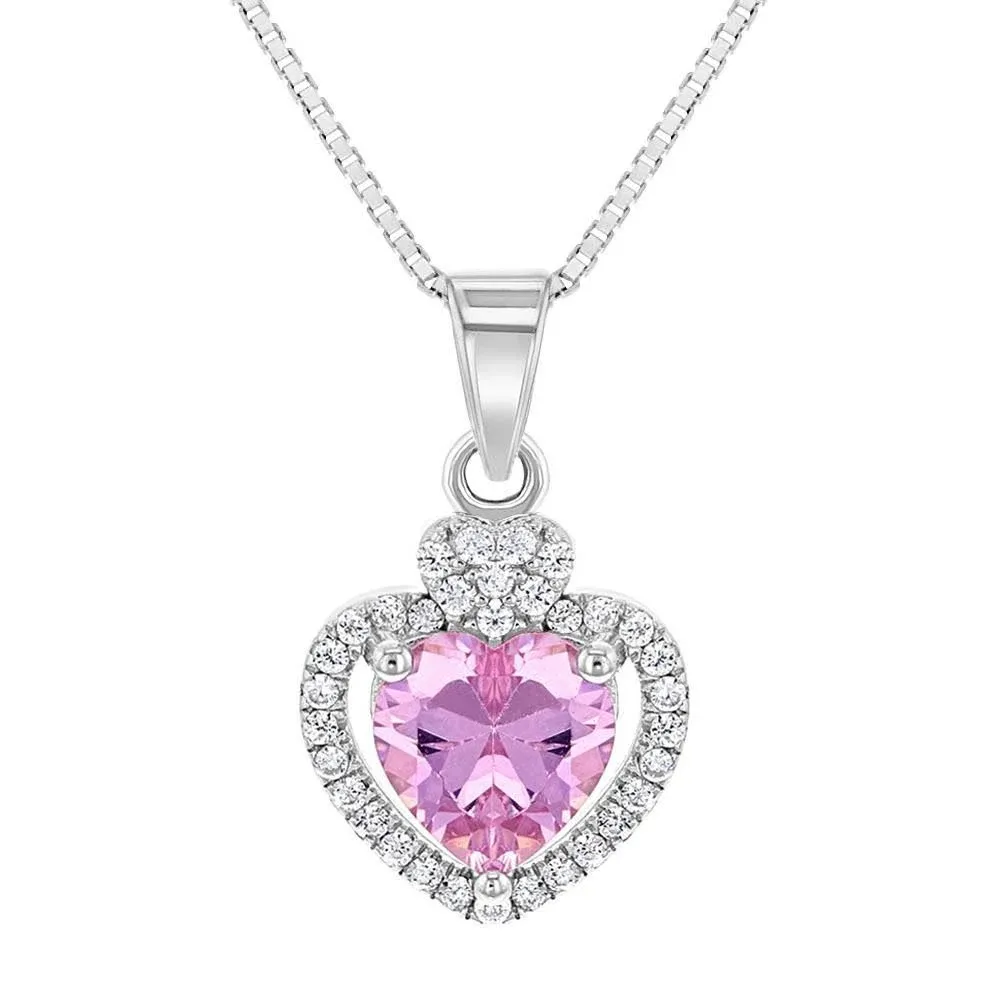 925 Sterling Silver Pink &amp; Clear Cubic Zirconia Heart Pendant Necklace for Girls