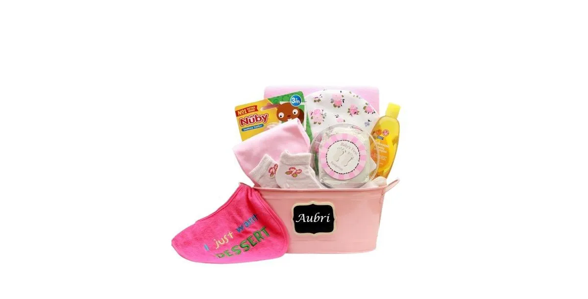 Baby Basics Gift Pail Pink - baby bath set -  baby girl gifts - new baby gift basket - 1 Basket