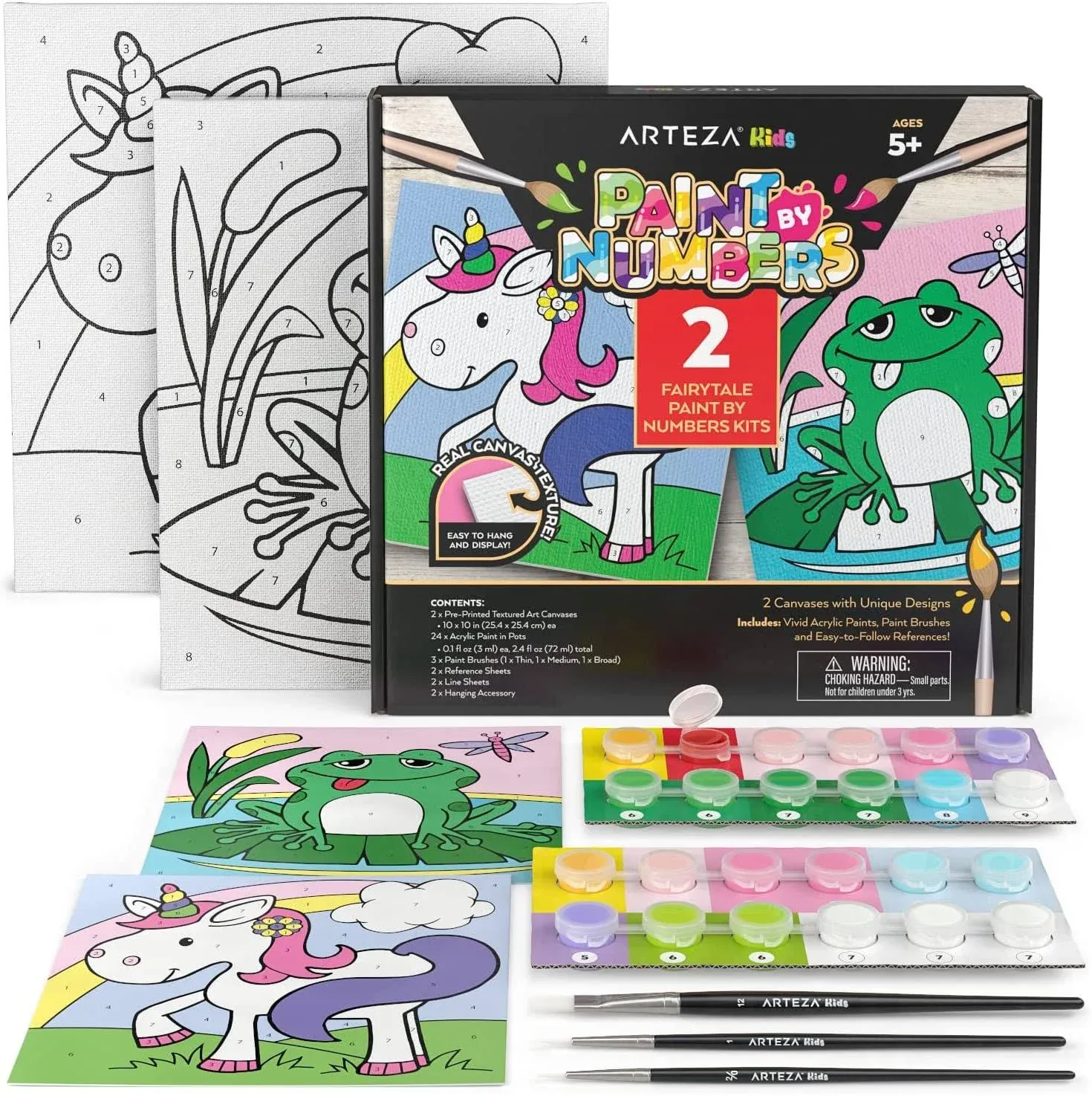 Arteza Kids Paint by Numbers Kit, 10" x 10", Pre-Printed Fairytale Canvas Painting Kit with 2 Canvases, 24 Acrylic Paint Pots, 3 Paintbrushes, Art Supplies for Developing Hand-Eye Coordination, Frog