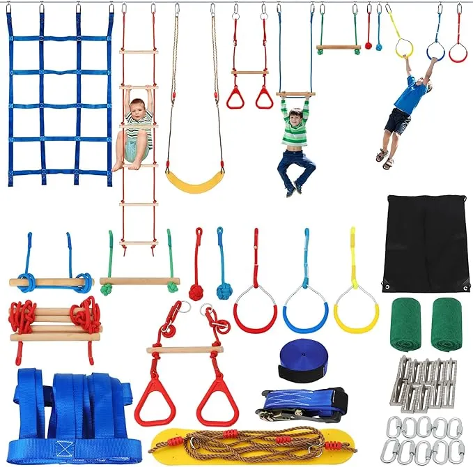 Ninja Warrior Obstacle Course for Kids, 55 FT Durable Slackline with 13 Obstacles-Swings, Monkey Bars, Arm Trainers and More, Weatherproof Outdoor Obstacle Course for Backyard, Gym, Field，3+ Years Old