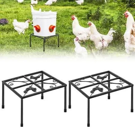 2 Pcs Metal Stand for Chicken Feeder Waterer, Iron Square Stand with 4 Legs, Rectangular Supports Rack for Buckets Barrels Equipped with Feeder