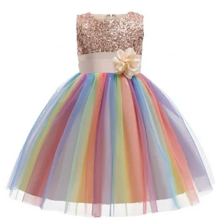 Little Girl s Sequin Sleeveless Mesh Rainbow Dress for Wedding Party