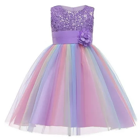 Little Girl s Sequin Sleeveless Mesh Rainbow Dress for Wedding Party