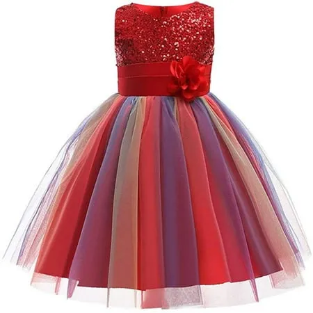 Little Girl s Sequin Sleeveless Mesh Rainbow Dress for Wedding Party