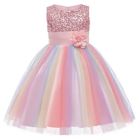 HAWEE Flower Girls Sequin Dress Rainbow Tutu Birthday Party Princess Dress Pageant Gown for Age 3-10 Years Old