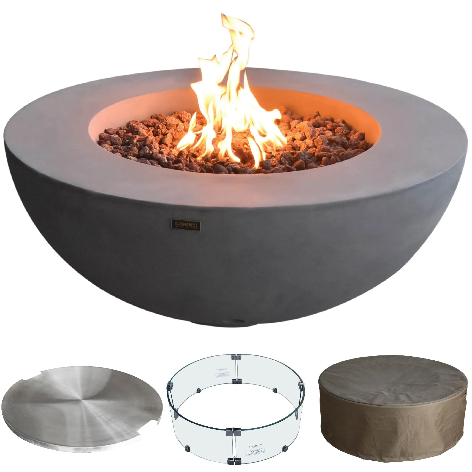 Elementi Lunar Bowl Fire Pit Bundle Outdoor Firepit Set Includes 42” Liquid Propane Concrete Firepit, Glass Windscreen, Stainless Steel Cover, Tank Cover, Canvas Cover, Floor Mat, Ice Bucket