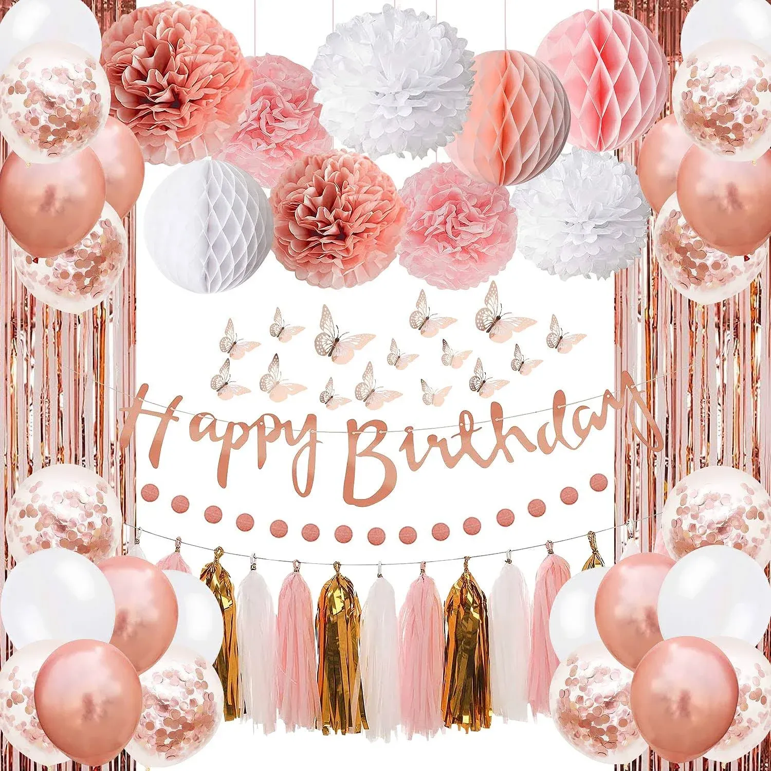 YGBMLU Upgraded Rose Gold Pink Birthday Party Decorations with Happy Birthday Banner,Curtains, Butterfly Wall,Circle Dots Garland,Tissue Pompoms,Paper