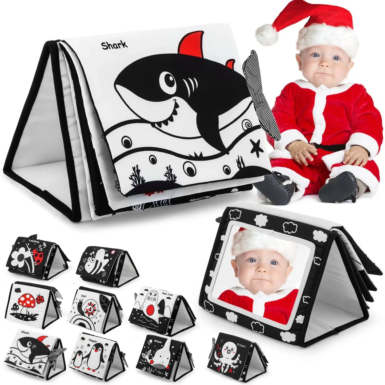 Tummy Time Baby Floor Mirror Toys with Crinkle Cloth Book, Black and White 