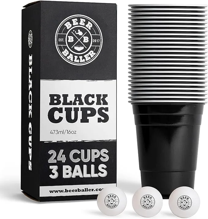 Party Cup Set - 25 Black Cups &amp; 3 Pong Balls | Dishwasher Safe &amp; Reusable | 1...