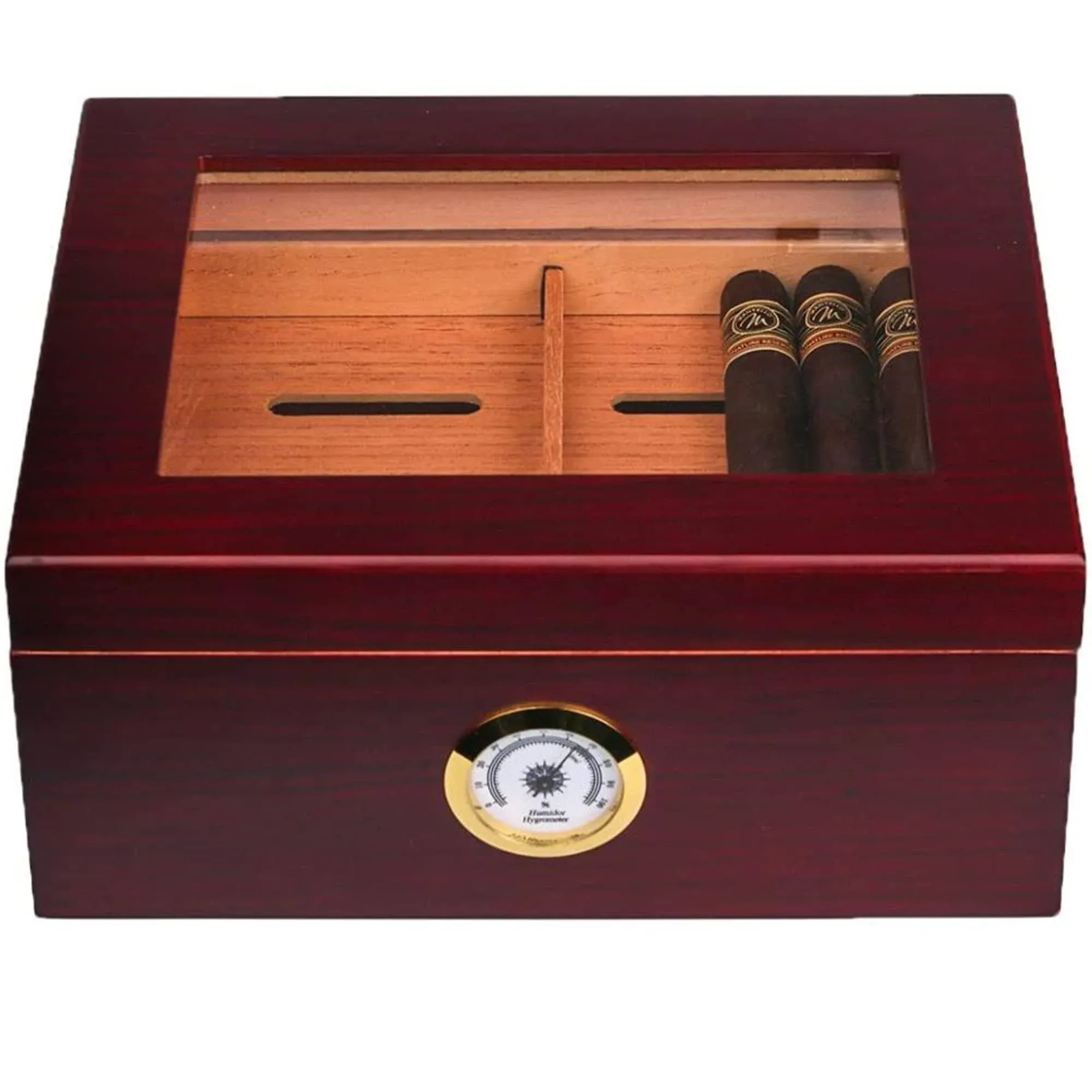 Mantello Cigars Glass Top Cigar Humidors - Humidor Cigar Box with Humidifier, Spanish Cedar Tray, Divider, and Hygrometer - Gifts for Men, Holds 25 to 50 Cigars