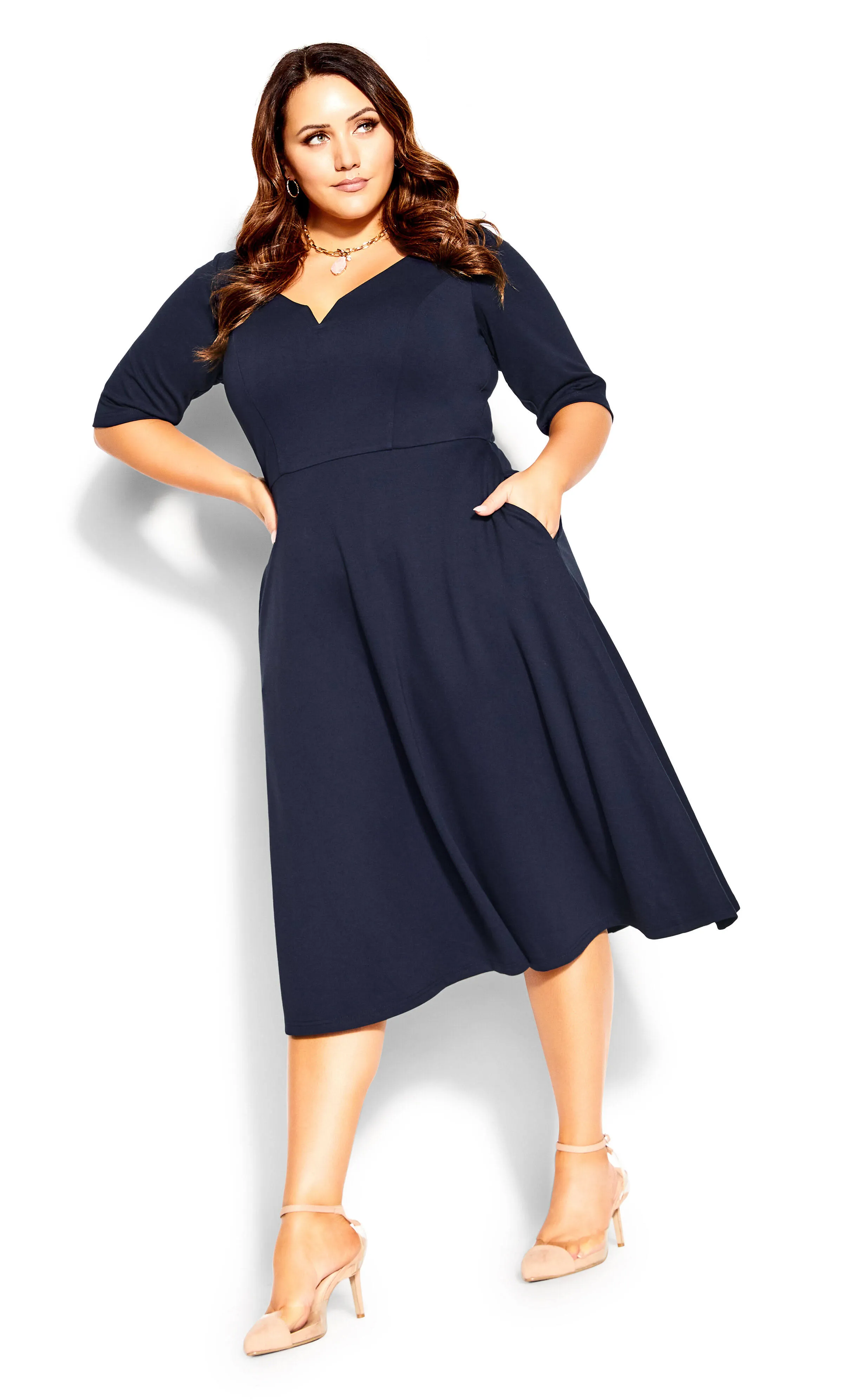 City Chic Plus Size Cute Girl Elbow Sleeve Dress - Navy