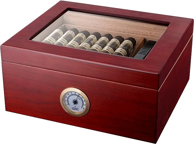 Mantello Cigars Glass Top Cigar Humidors - Humidor Cigar Box with Humidifier, Spanish Cedar Tray, Divider, and Hygrometer - Gifts for Men, Holds 25 to 50 Cigars