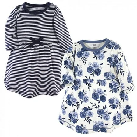 Touched by Nature Big Girls and Youth Organic Cotton Long-Sleeve Dresses 2pk Navy Floral 10 Years