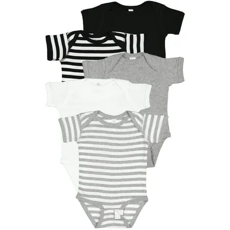 Rabbit Skins Baby Bodysuits Girls & Boys Newborn to 24 Months 5-Pack Set Snap Closure Multi-color Cotton Salt-n-pepper: Black/Black White Stripe/Heather/White/Heather White Stripe 18 Months