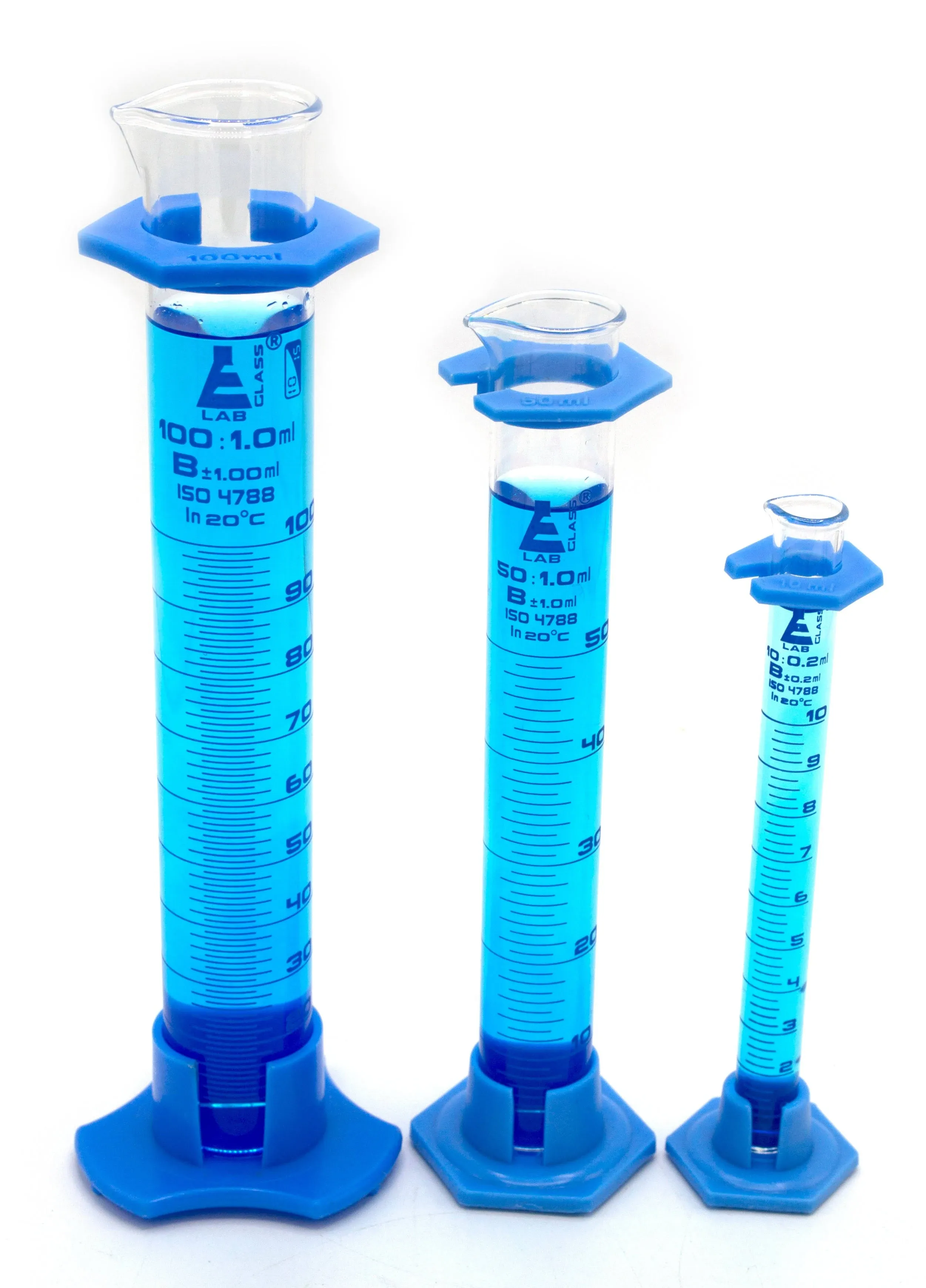 3 PC Graduated Cylinder Set 10ml 50ml 100ml with Plastic Guards Class B Eisco ...