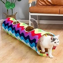 LUCKITTY Cat Tunnel -Straight-Shaped, Rainbow Wave Color, Soft Velvet Exterior, Oxford Fabric Fog-Proof Interior, Plush Toy Ball, Easily Washable, Conveniently Foldable, 47.2in/120cm