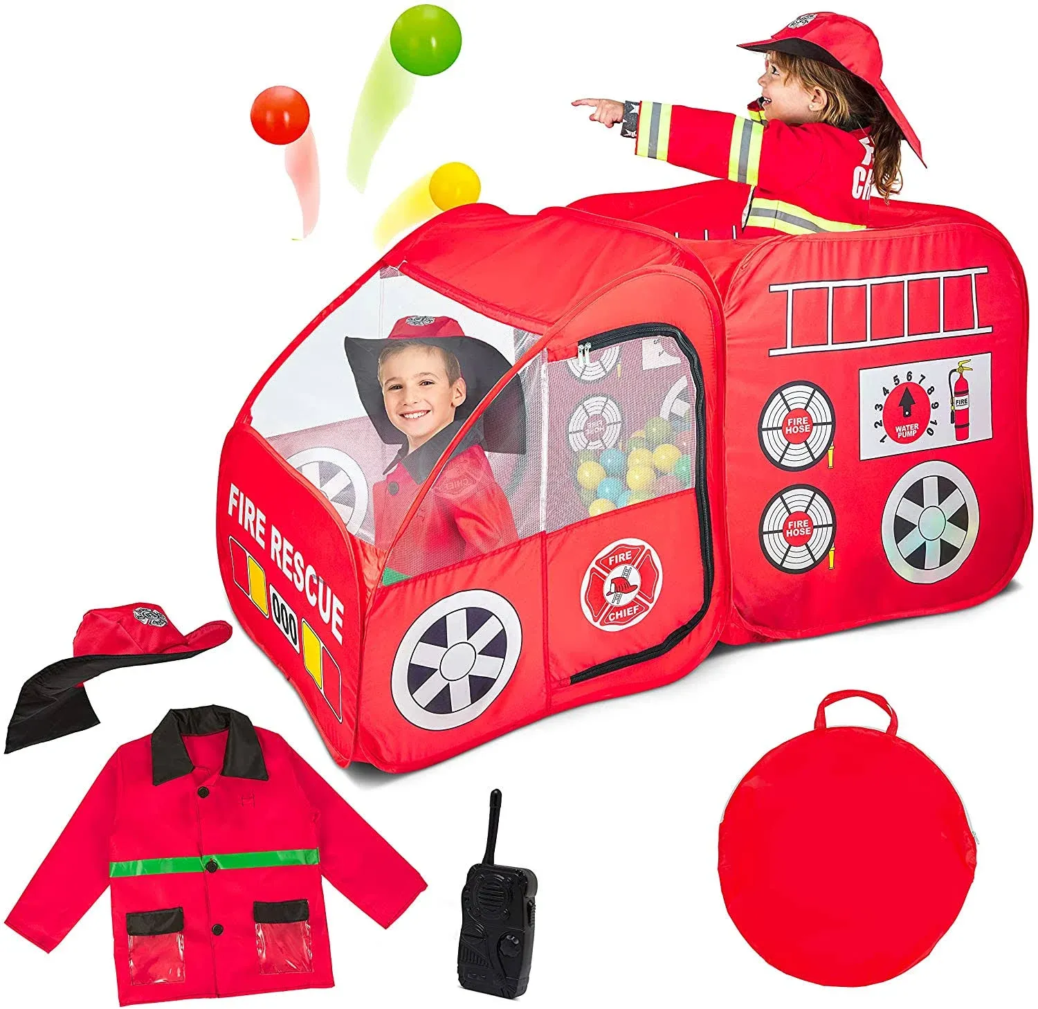 Fire Truck Pop Up Play Tent with Firefighter Costume, Jacket & Hat - Red Fire ...