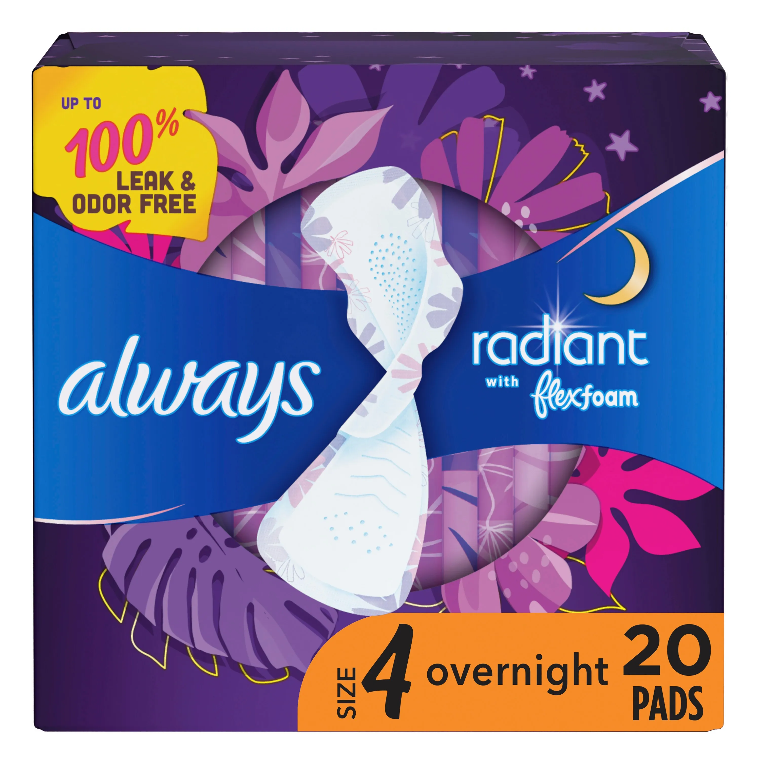 Always Radiant Feminine Pads for Women, Size 4 Overnight Pads, With Flexfoam, wi