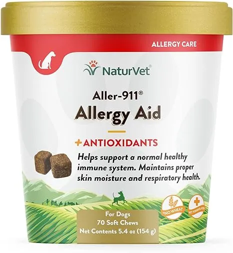 NaturVet Aller-911 Advanced Allergy Aid for Dogs, Cats – Antioxidant-Rich Pet Supplement with Omegas, DHA, EPA – Helps Support Dog Immune System, Cat Respiratory Health, Skin Moisture 180 Soft Chews