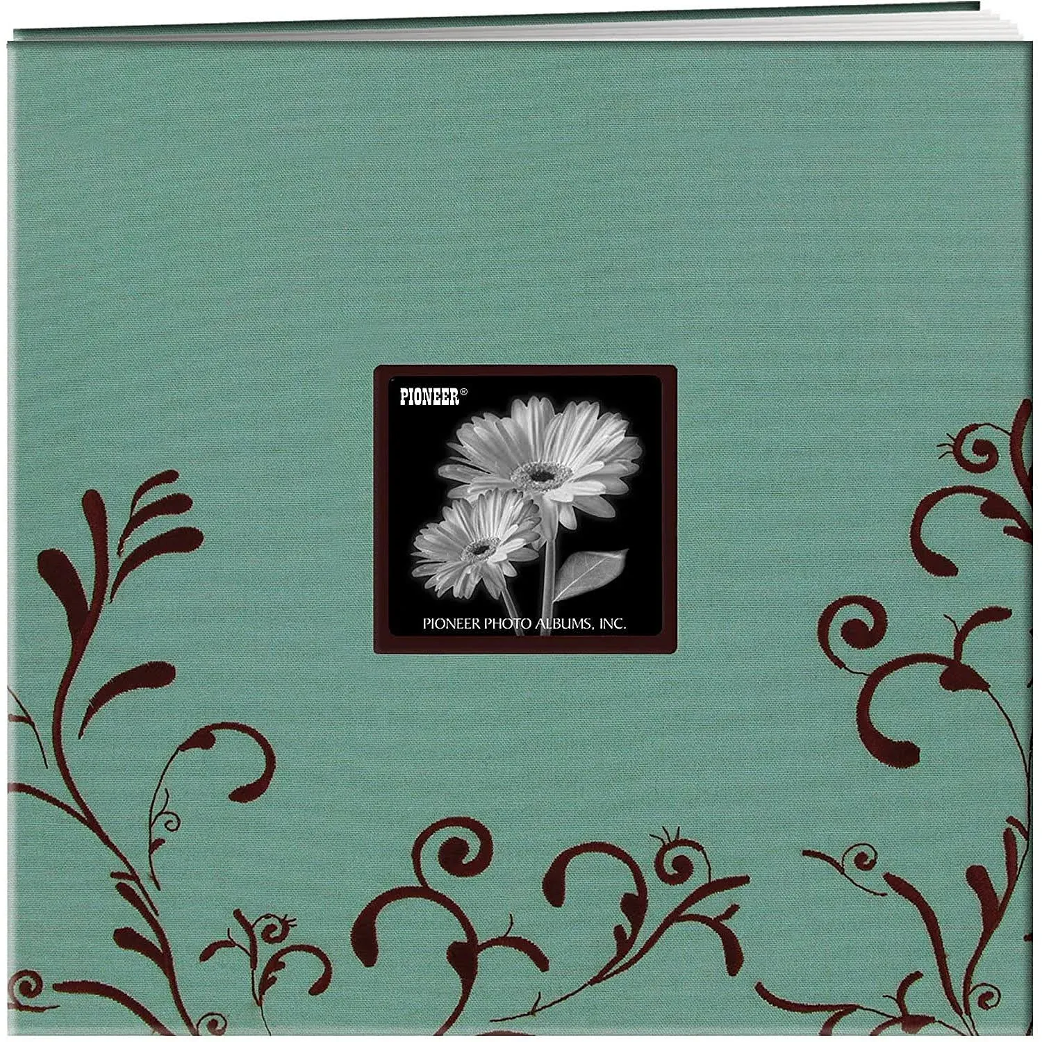 Pioneer 12 x 12-Inch Scroll Embroidery Fabric Post Bound Album, Aqua with Brown