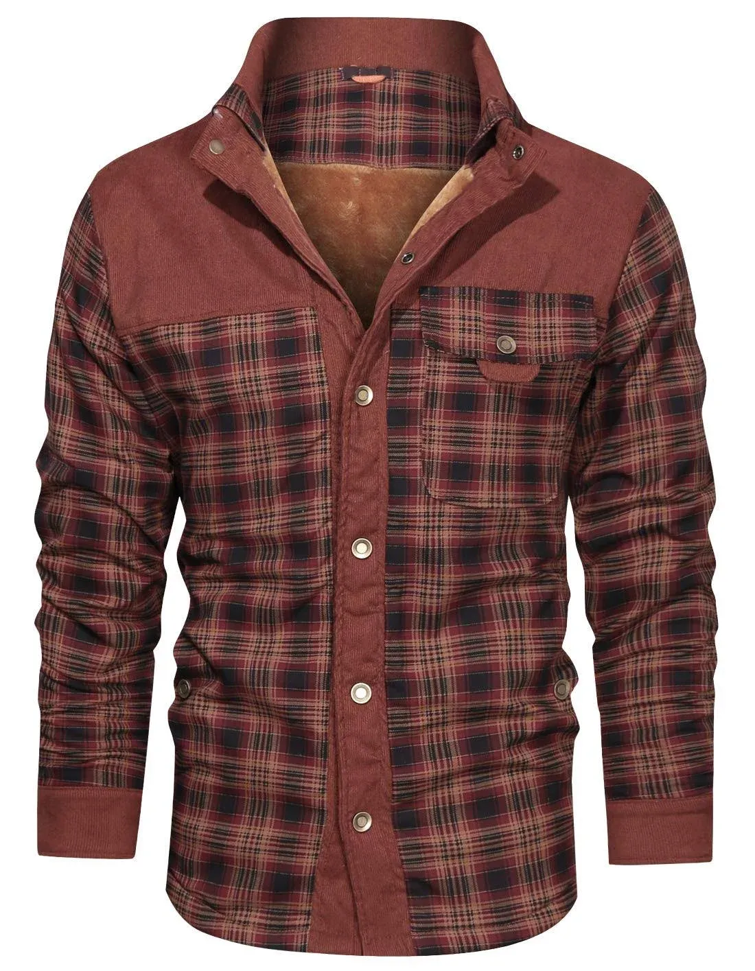 chouyatou Men&#039;s Winter Thick Fuzzy Sherpa Lined Corduroy Plaid Button Up Flannel